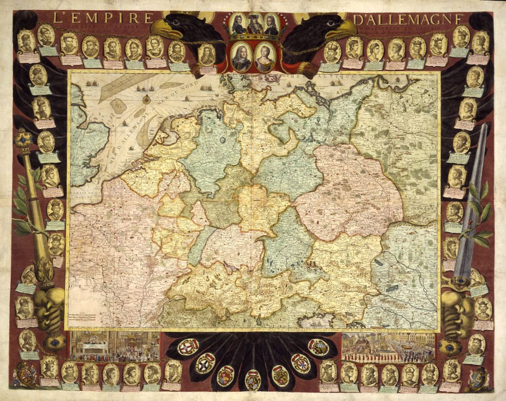 Nicolas de Fer, Wandkarte des Heiligen Römischen Reiches Deutscher Nation „L'Empire d'Allemagne“, 1770 (Nachdruck der Karte aus dem Jahr 1705), Kupferstich, Wikimedia Commons.